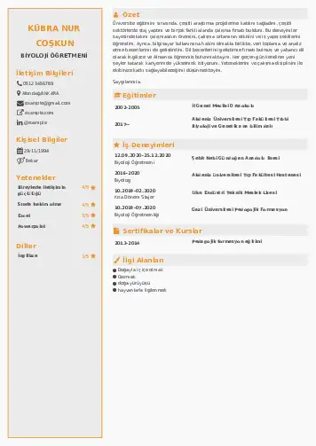 Biyoloji Öğretmeni CV Örnekleri cv indir